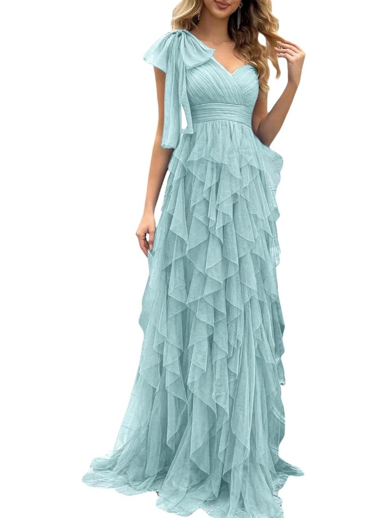 Women's Mint Blue Elegant Bow One Shoulder Slit Gown Tulle Imported Maxi Dress